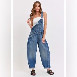 #451 The Devin Mid Waisted Barrel Overall - Dark Wash